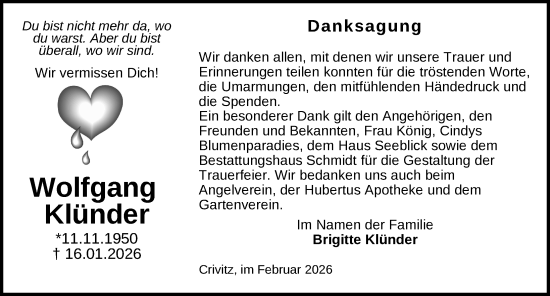 Traueranzeige von Wolfgang Klünder von Zeitung für die Landeshauptstadt