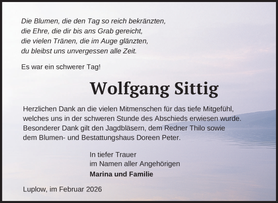 Traueranzeige von Wolfgang Sittig von Nordkurier Neubrandenburger Zeitung