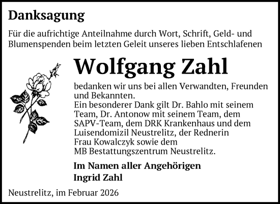 Traueranzeige von Wolfgang Zahl von Nordkurier Grosso, Nordkurier Strelitzer Zeitung, Nordkurier Müritz-Zeitung