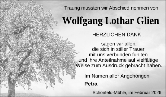Traueranzeige von Wolfgang Lothar Glien von Zeitung für die Landeshauptstadt, Gadebusch - Rehnaer Zeitung